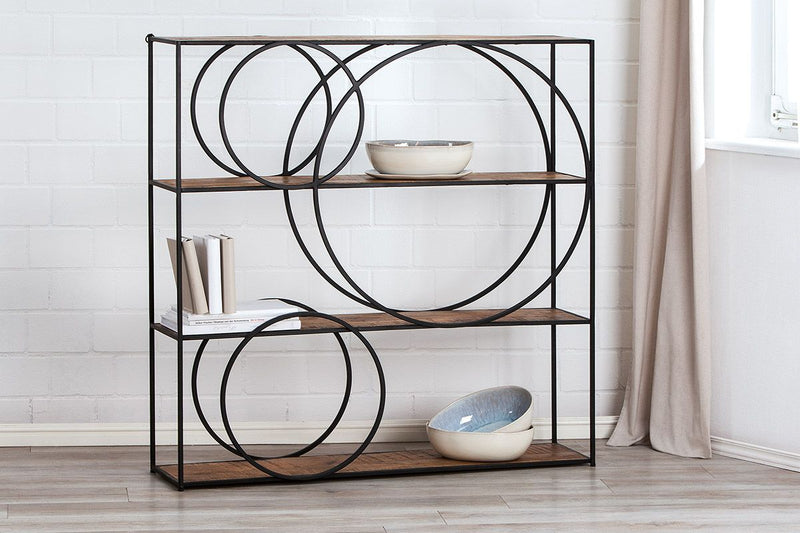 Metal shelf Black Circle with mango wood panels - handmade Height 120cm