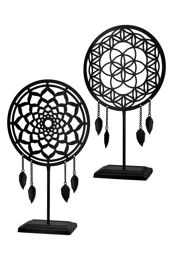 Set van 2 metalen standaard reliëf ornament zwart rond met hangende veren
