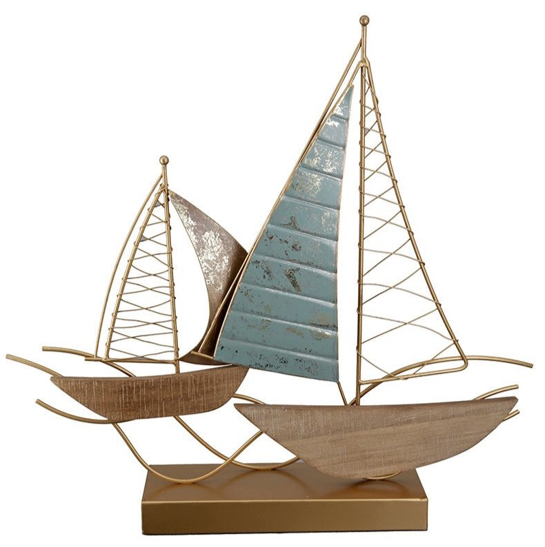 Metall Dekoobjekt "Segelboote" mit MDF-Elementen in türkis, naturfarben, bronze- und goldfarben