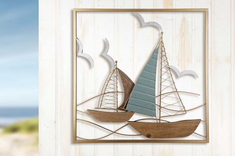 Handgemaakt wandreliëf "zeilboten" in turquoise, naturel en goudkleuren op MDF elementen in de lijst