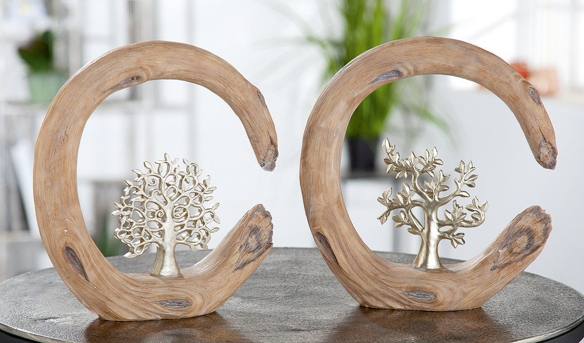 Set of 2 sculpture tree natural color in wood look tree of life silver color