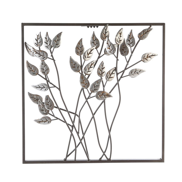 Set of 2 metal wall relief leaves dark brown frame silvery 30x30cm