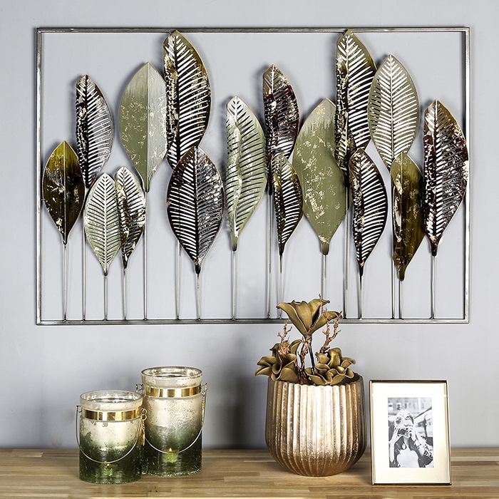 Metall Wandrelief "Palmleaf" - Handgefertigtes 3D-Wanddeko in Grün, Braun und Gold von Gilde