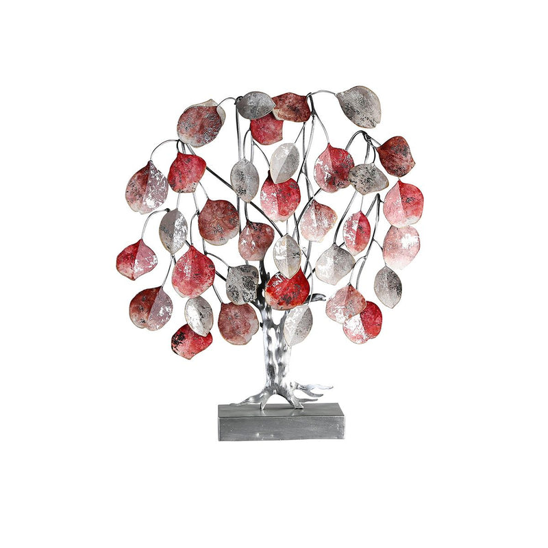 Handgefertigtes Dekoobjekt 'Love Tree' – Metallbaum in Rot/Grau/Silber mit Blattobjekten | 45x13x51cm | Stilvolles Heimdekor