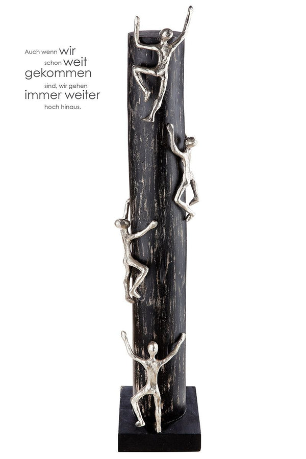 Wooden sculpture, black, high up, figures made of aluminum with a message card, height 74 cm