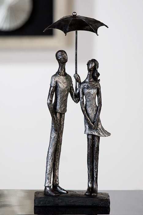 Handgefertigt Skulptur LIEBESSCHIRM antik silberfarbene liebes Paar unter einem Regenschirm Figur Verliebt Verlobt Ehepaar Freunde