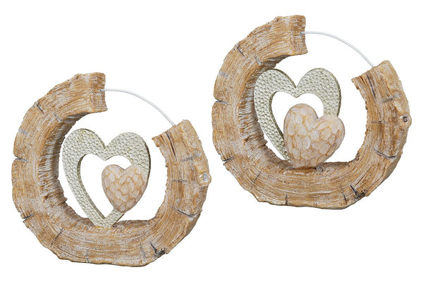 2er Set Poly Skulptur Herz naturfarben in Holzoptik