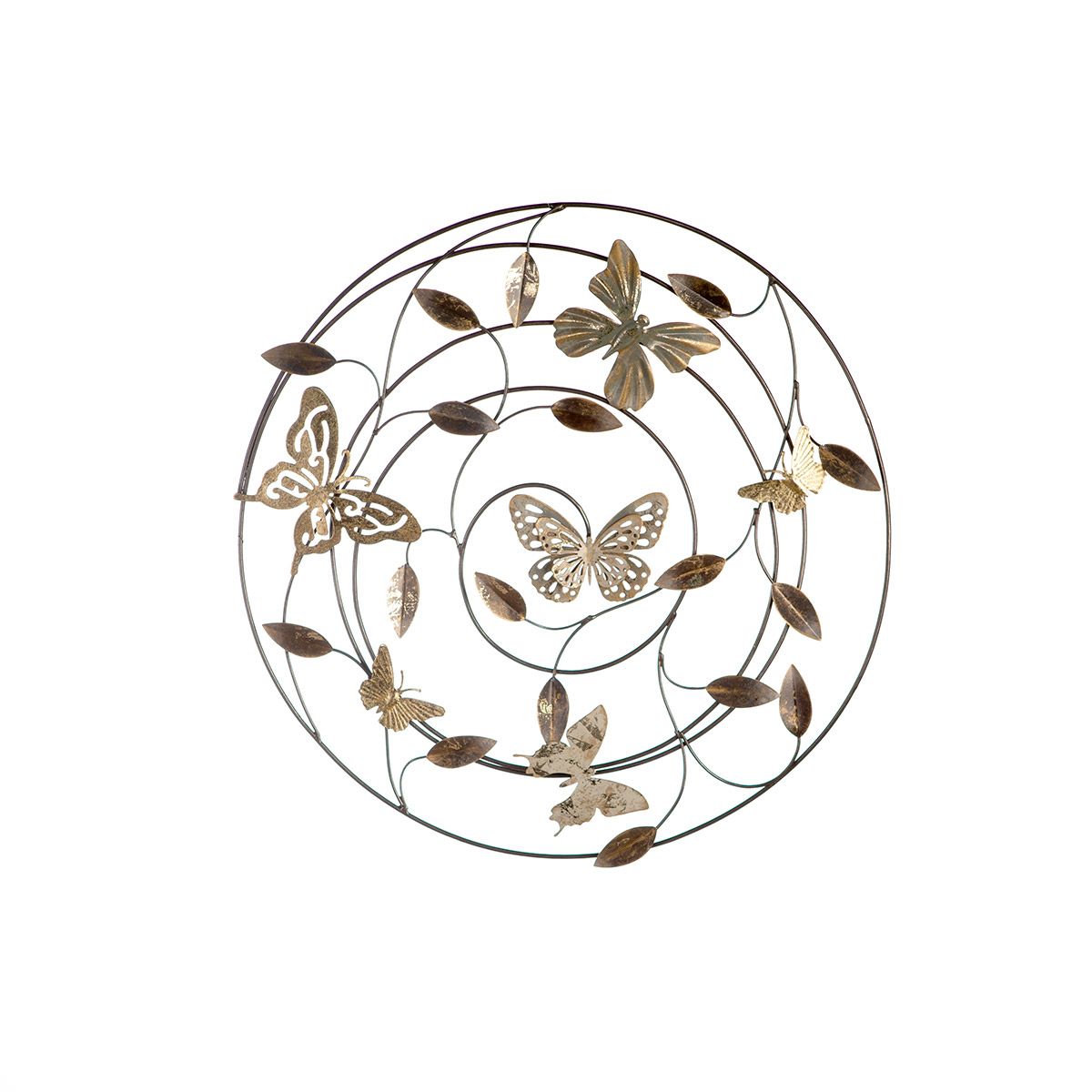 3D metalen wandreliëf Farfalle 50cm grijs/lichtbruin/goudkleurig met vlinders en bladeren
