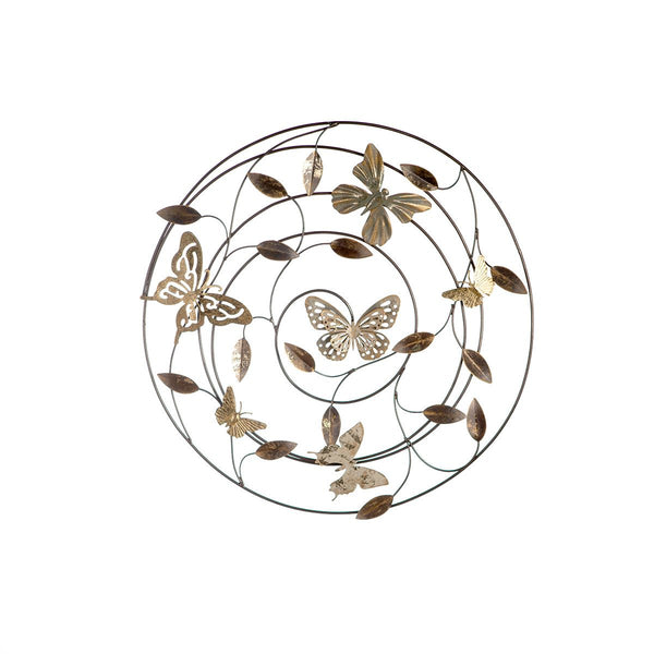 3D Metall Wandrelief Farfalle 50cm grau / hellbraun / goldfarben mit Schmetterlingen und Blättern