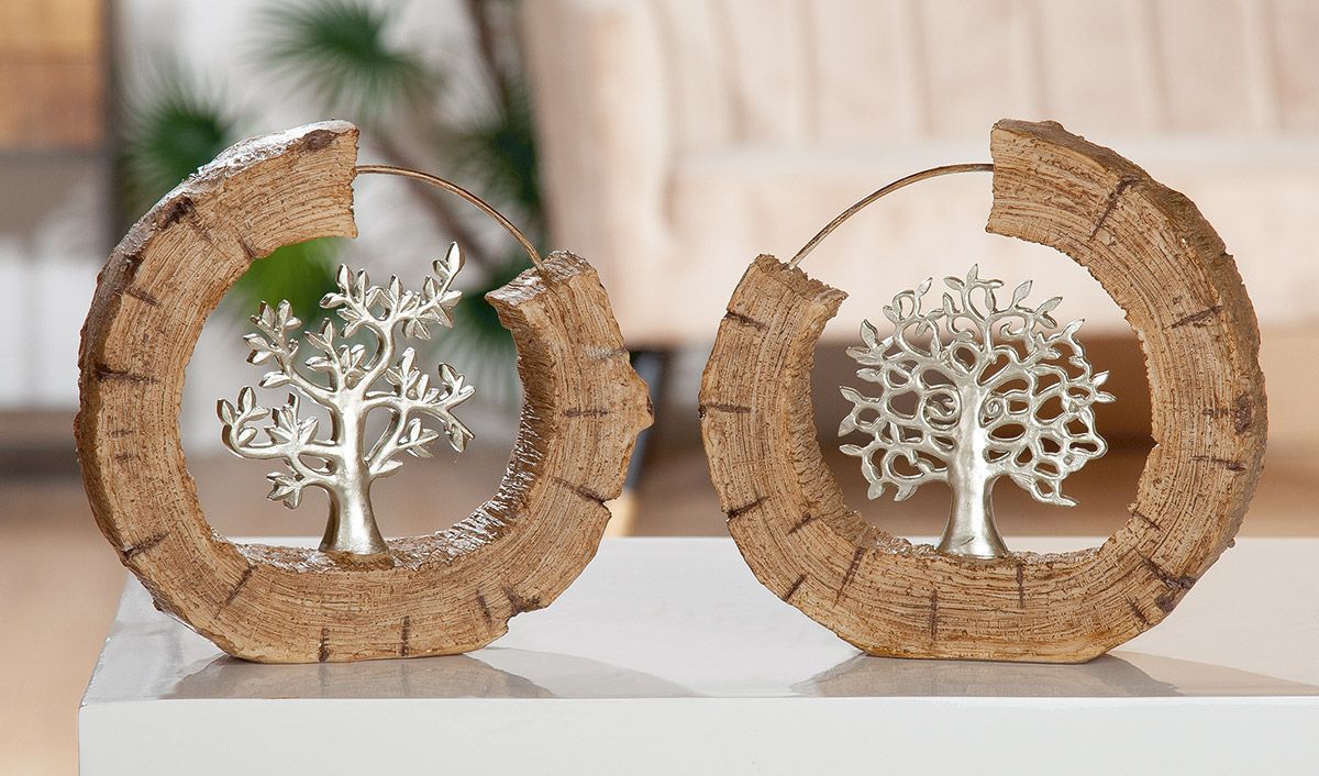 2er Set Baum Skulptur in Holzoptik Lebensbaum silberfarben