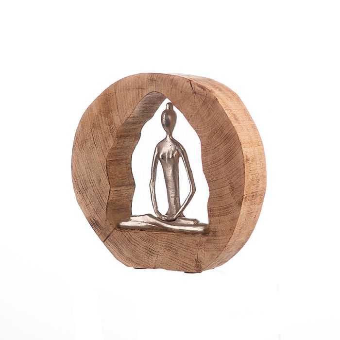 Sculptuurfiguren "Yogagroep" Yogafiguren in zilverkleurige voet naturel van mangohout Hoogte 51cm