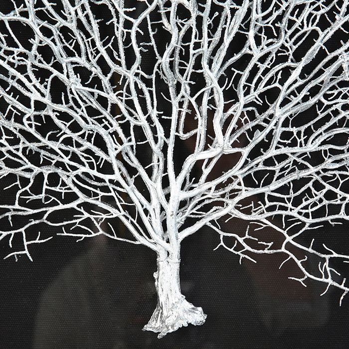 Handgefertigtes Wandobjekt "Lebensbaum" aus Holz und Glas - Schwarz-Silberner Rahmen, Silberner Baum auf Schwarzem Hintergrund - Gilde