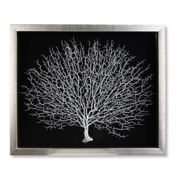 Handmade Wall Object "Tree of Life" made of wood and glass - Black-Silver Frame, Silver Tree on Black Background - Guild