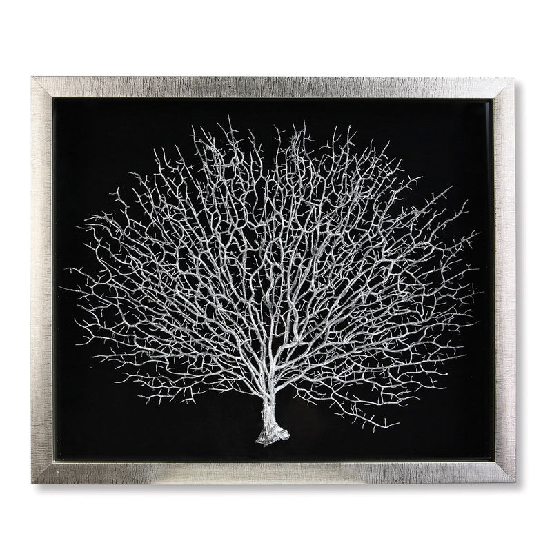 Handgefertigtes Wandobjekt "Lebensbaum" aus Holz und Glas - Schwarz-Silberner Rahmen, Silberner Baum auf Schwarzem Hintergrund - Gilde