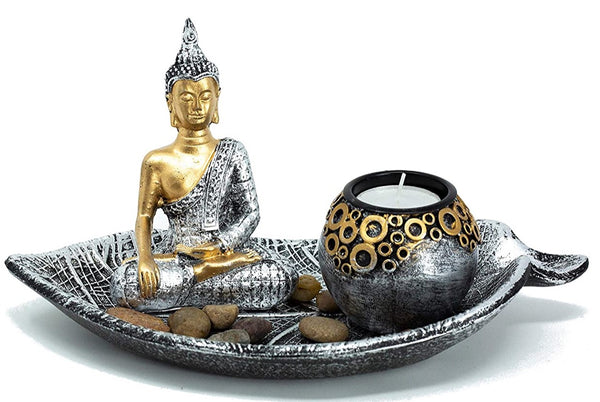 Buddha Deko Set Zen Harmonie mit Teelichthalter Silber Gold 25 cm