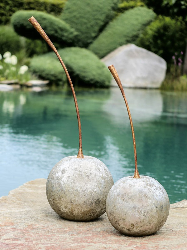 Set of 2 decorative cherries made of metal, silver-coloured, antique finish, suitable for outdoor use, height 80 cm