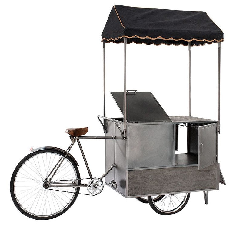 Verkaufsfahrrad Büdchen aus Metall und Mangoholz mit einer Schublade, Sattel aus Ziegenleder Sonderanfertigung