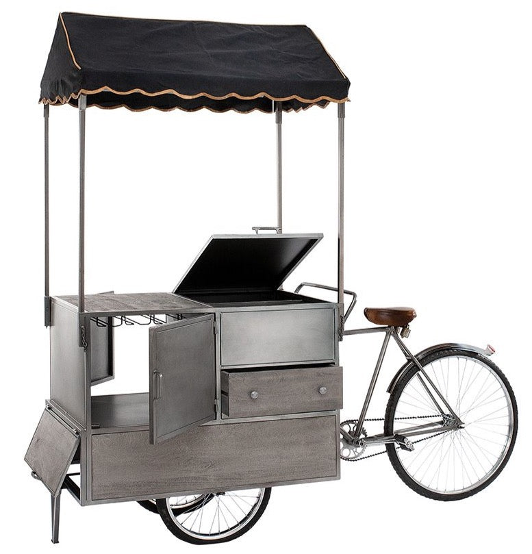 Verkaufsfahrrad Büdchen aus Metall und Mangoholz mit einer Schublade, Sattel aus Ziegenleder Sonderanfertigung