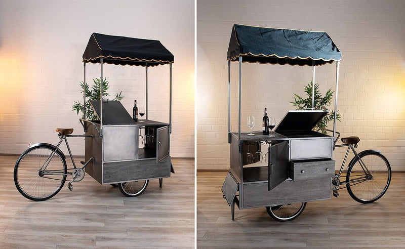 Verkaufsfahrrad Büdchen aus Metall und Mangoholz mit einer Schublade, Sattel aus Ziegenleder Sonderanfertigung