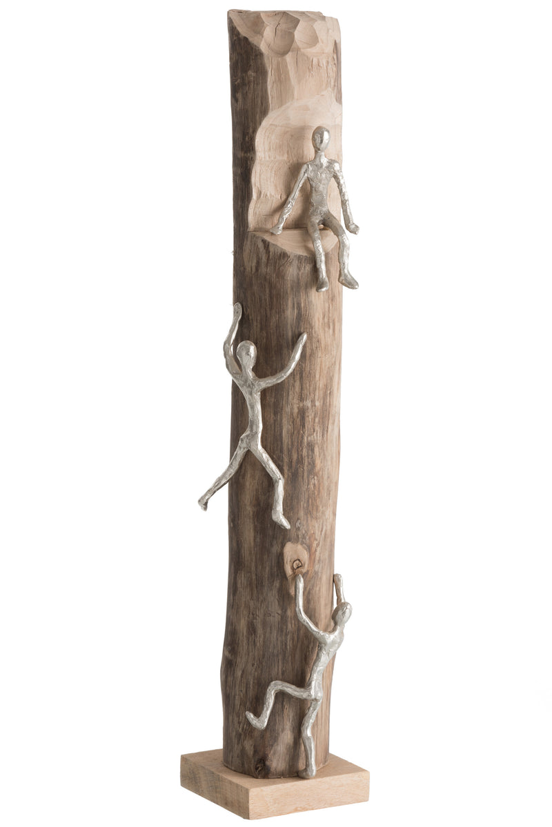 Dreifaltige Aufstiegsmeister - Handgefertigte Aluminium Kletterer Skulptur auf Echtholzstamm