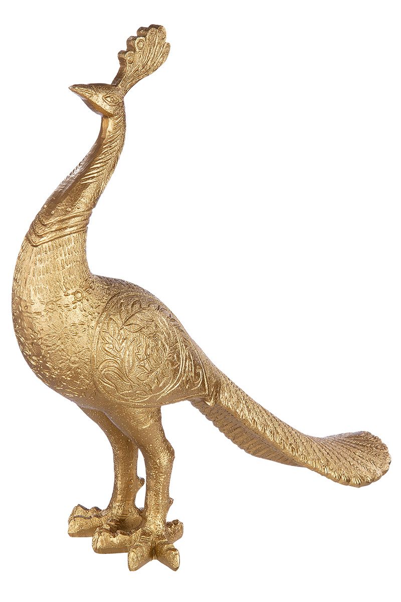 Handgefertigte goldfarbene Poly Figur 'Pfau' - Ein kunstvolles Dekorationsstück für jeden Raum