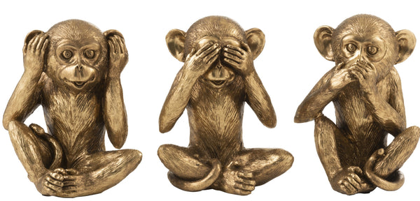 XXL Grösse 3 Affen Figuren Nichts Hören Nichts Sehen Nichts Sagen Höhe 23cm in Antik Gold