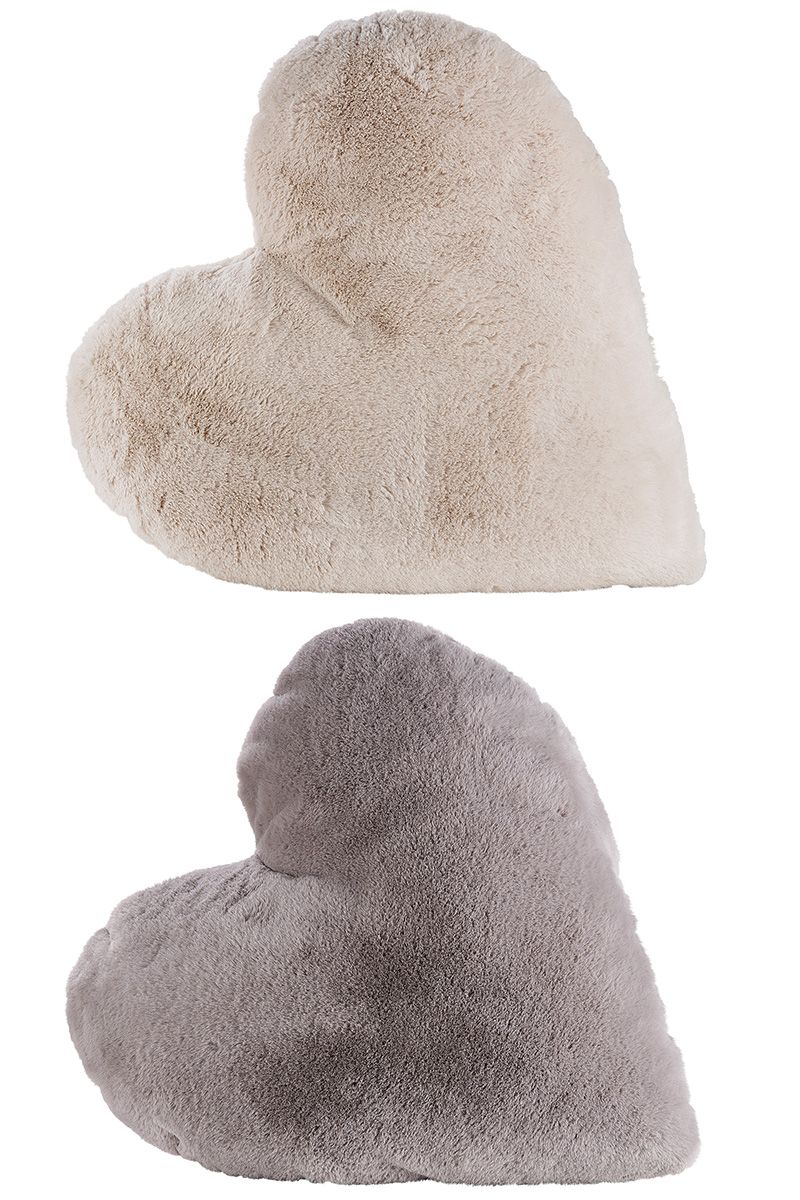 Set of 2 fabric heart cushions in plush look cream grey