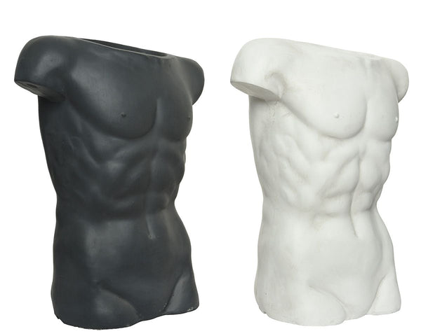 2er Set Fiberglas Pflanzgefäß Torso Männerkörper schwarz weiß Höhe 59cm für den Außenbereich geeignet