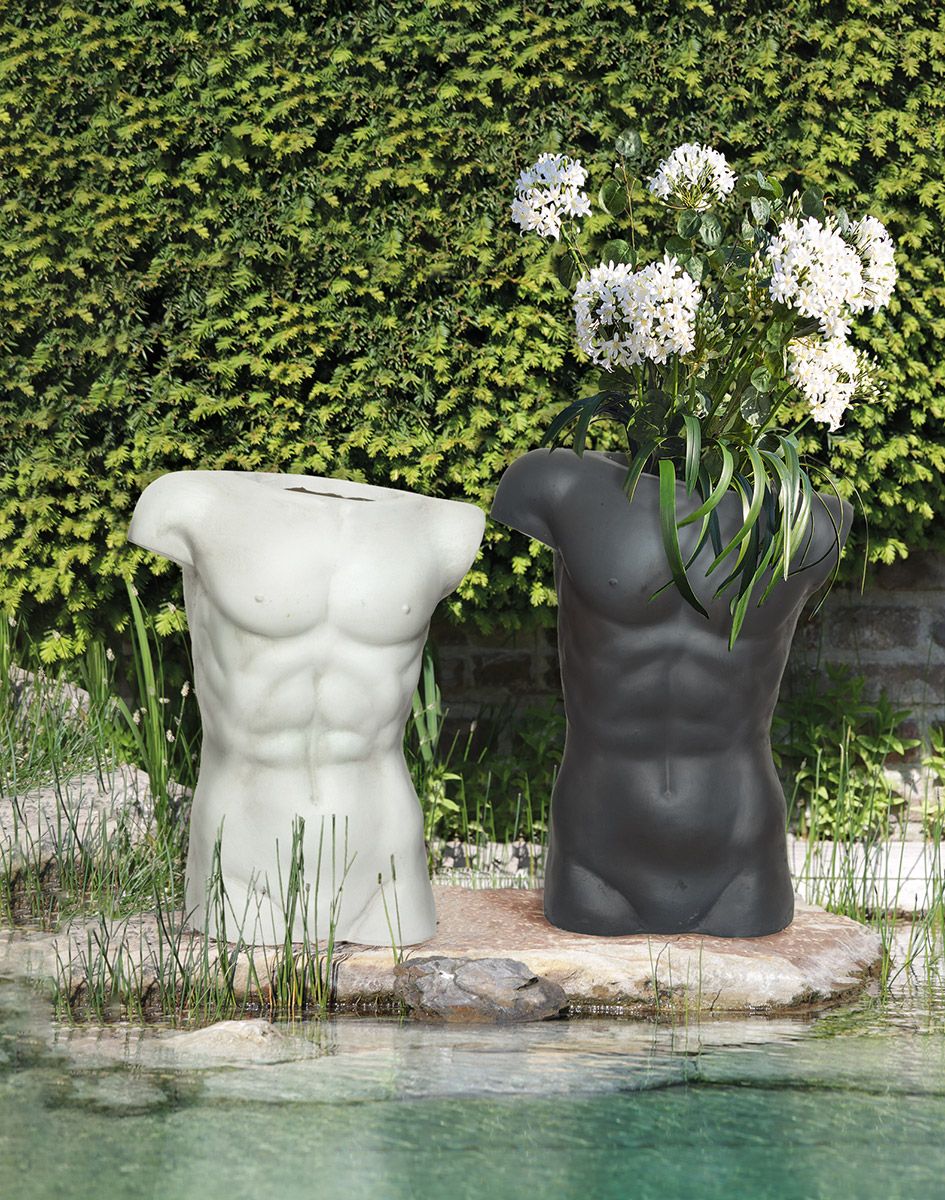 Set van 2 plantenbakken torso mannelijk lichaam zwart en wit hoogte 59cm geschikt voor buitengebruik