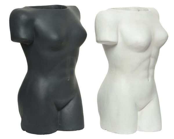 2er Set Fiberglas Pflanzgefäß Torso Frauenkörper schwarz weiß Höhe 60cm für den Außenbereich geeignet