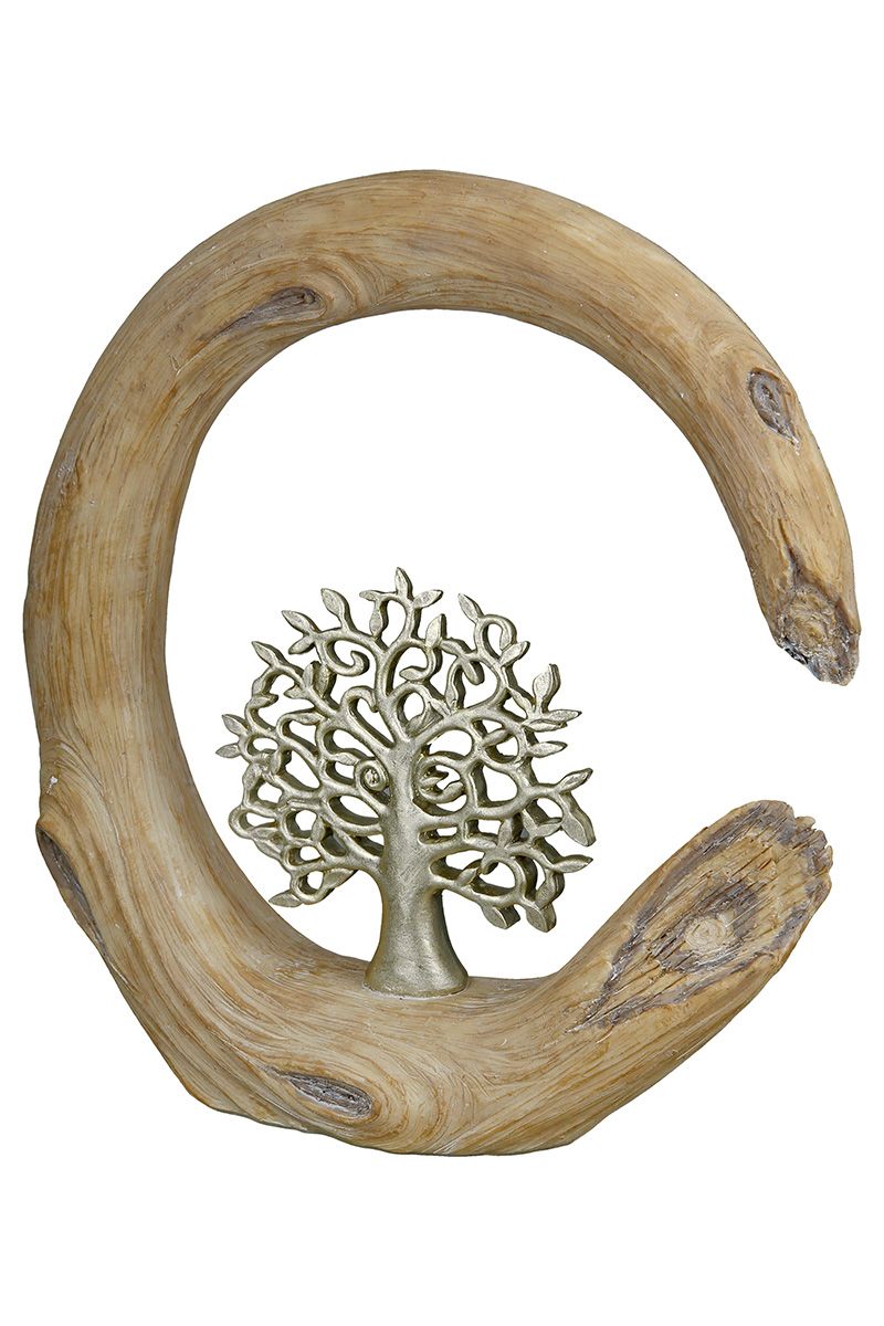2er Set Skulptur Baum naturfarben in Holzoptik Lebensbaum silberfarben
