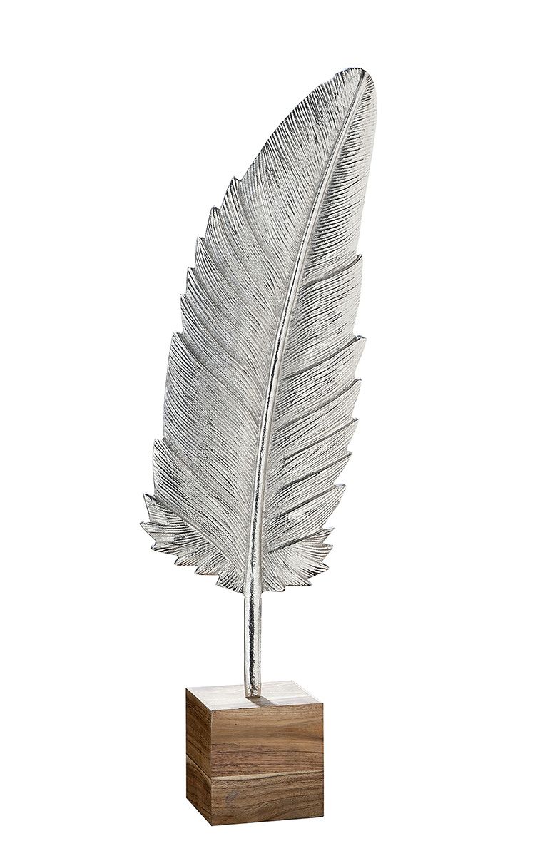 Feder auf Sockel Feder aus Aluminium in silberfarben Sockel aus Holz