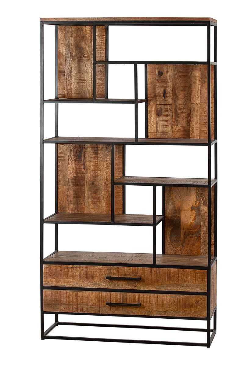 Metal shelf "Madrid" made of handmade mango wood - 2 drawers 7 shelves