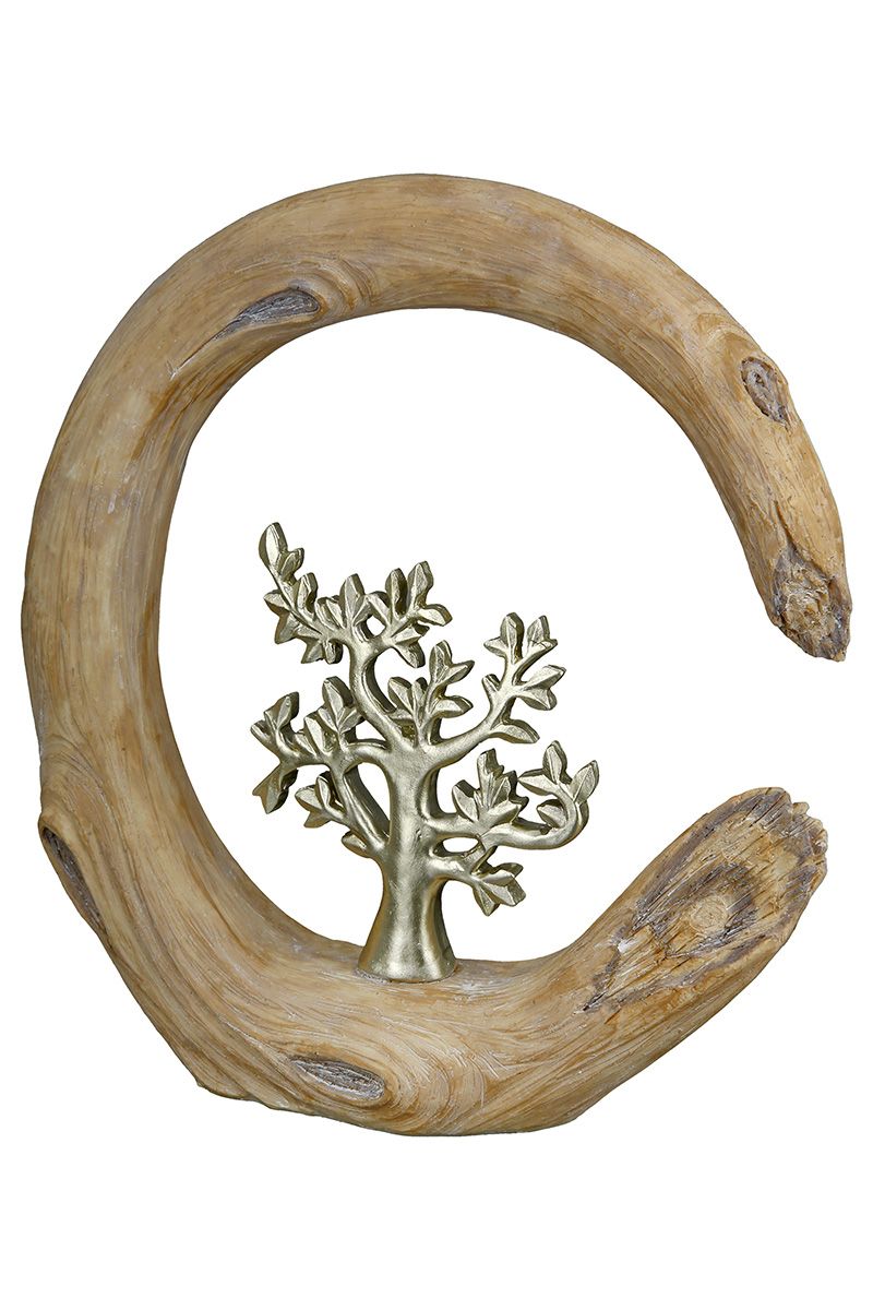 Set van 2 sculpturen boom naturel in houtlook levensboom zilverkleur
