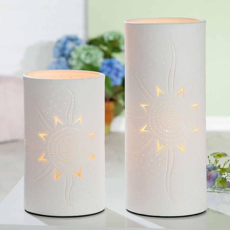 GILDE Lampe Zylinder "Sonne" weiß  Tischlampe Dekolampe Porzell 20cm oder 28cm