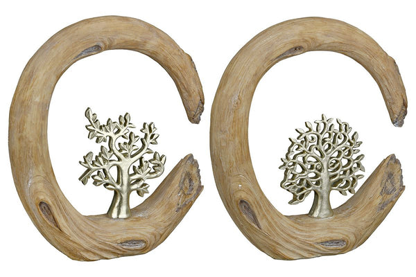 2er Set Skulptur Baum naturfarben in Holzoptik Lebensbaum silberfarben