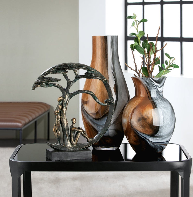 Poly sculpture tree shadow bronze colored on black base with saying pendant