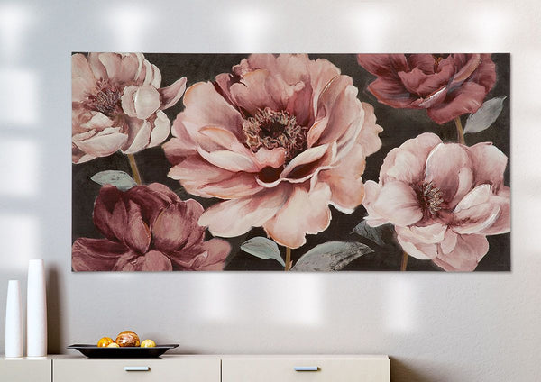 Bild Pfingstrosen Quintett rosa/burgund/grün auf Leinwand 120cm