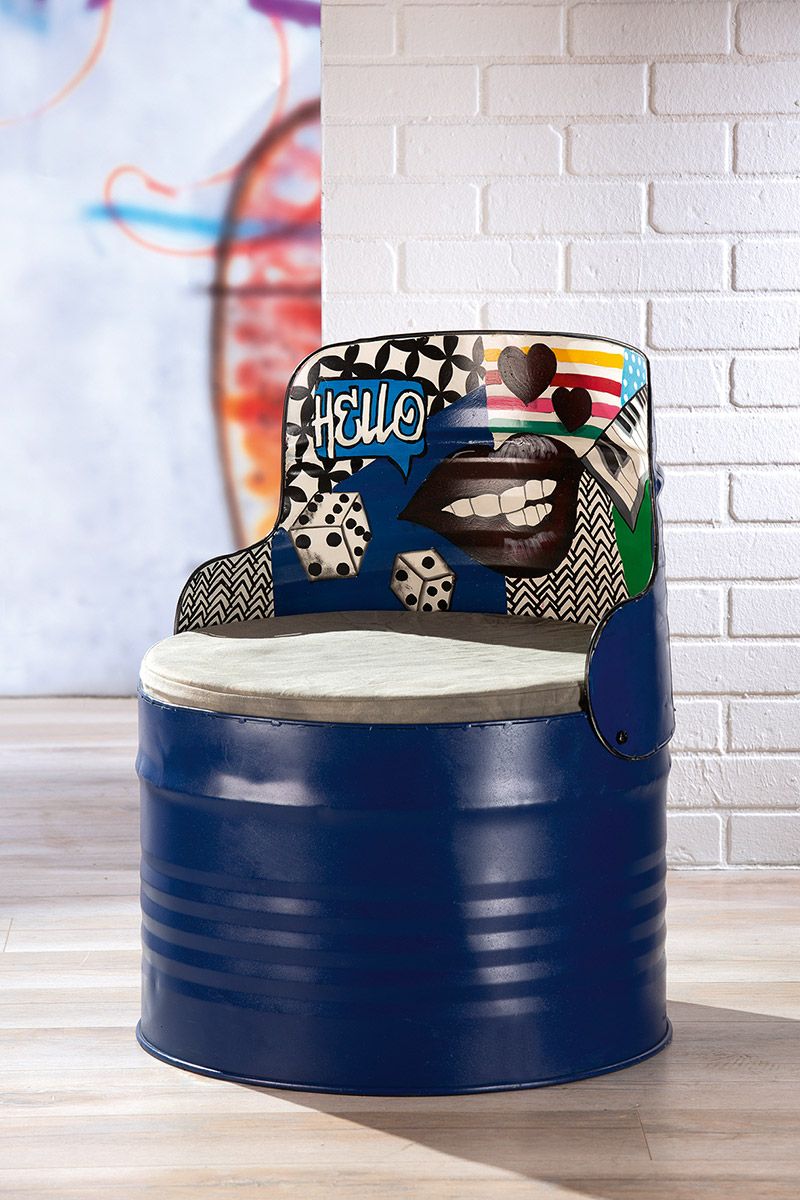 Sitztonne 'Street Art' blau oder rot Stuhl Hocker aus Metall Rückenlehne mit Graffiti-Design Sitzkissen Höhe 72cm