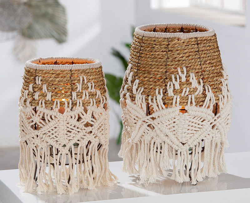 Deco lantern "Bossa" on foot with macrame mesh and glass insert 33cm in diameter