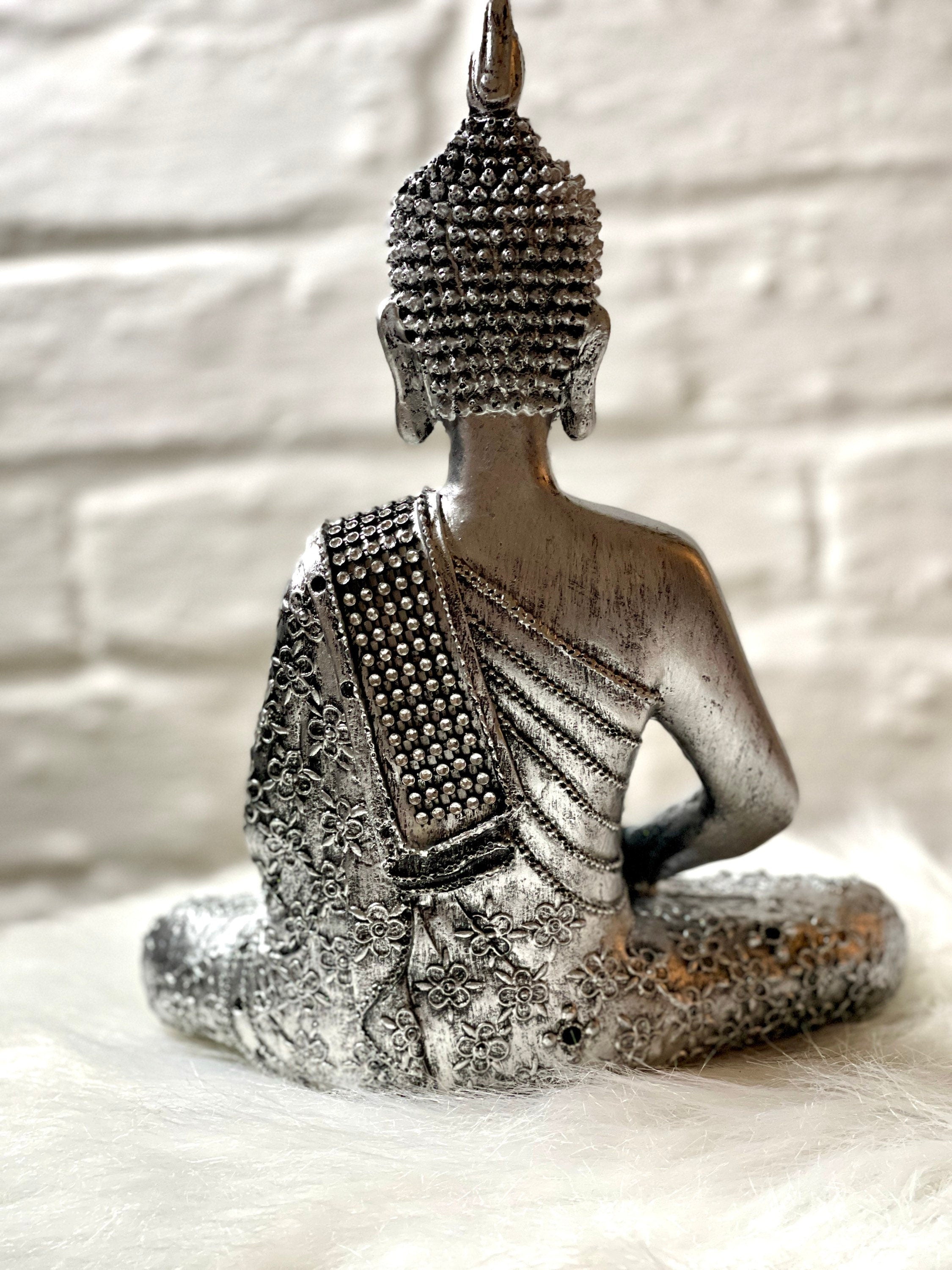 Goodeco Buddha-Statue Mit LED-Teelicht, 20,5 Cm – Meditierende Figur Aus Polyresin, Antik-weiß, Für Garten & Wohnung