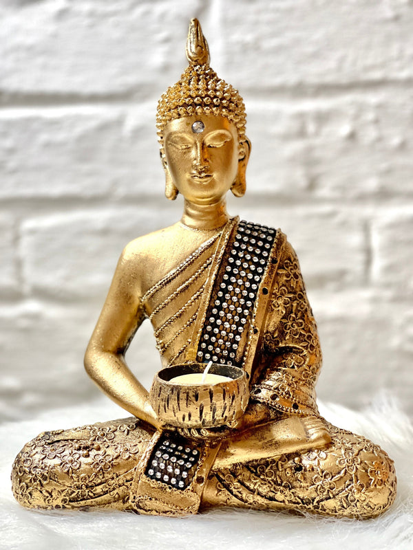 Buddha Teelichthalter Figur Deko Buddhismus 26,5cm in Gold oder Silber