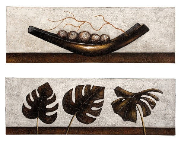 Qualitäts-Wandbilder im 2er-Set Handbemalte Blätter- und Blumenschalen-Motive in Braun- und Goldtönen 120cm
