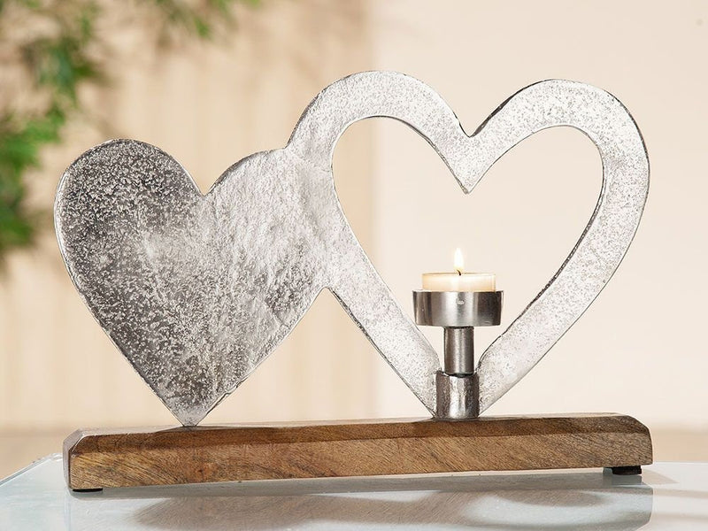 Elegante kandelaar dubbel hart op houten voet, artistiek vormgegeven