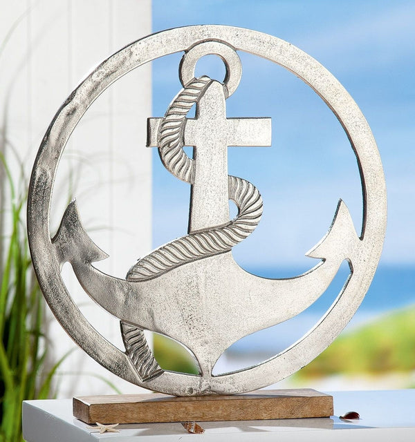 Maritimes Flair Qualitäts Aluminium Skulptur Anker im Kreis auf Base aus Mangoholz