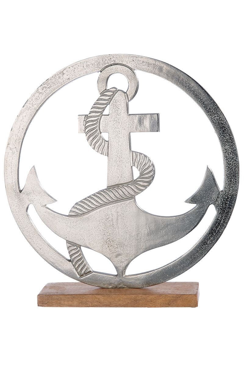 Maritimes Flair Qualitäts Aluminium Skulptur Anker im Kreis auf Base aus Mangoholz
