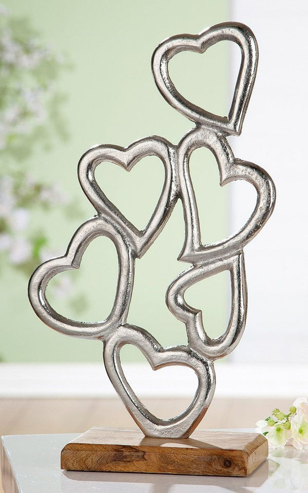 Romantic gift idea Handmade aluminum heart tower on real mango wood base Tower of 6 hearts Height: 42cm