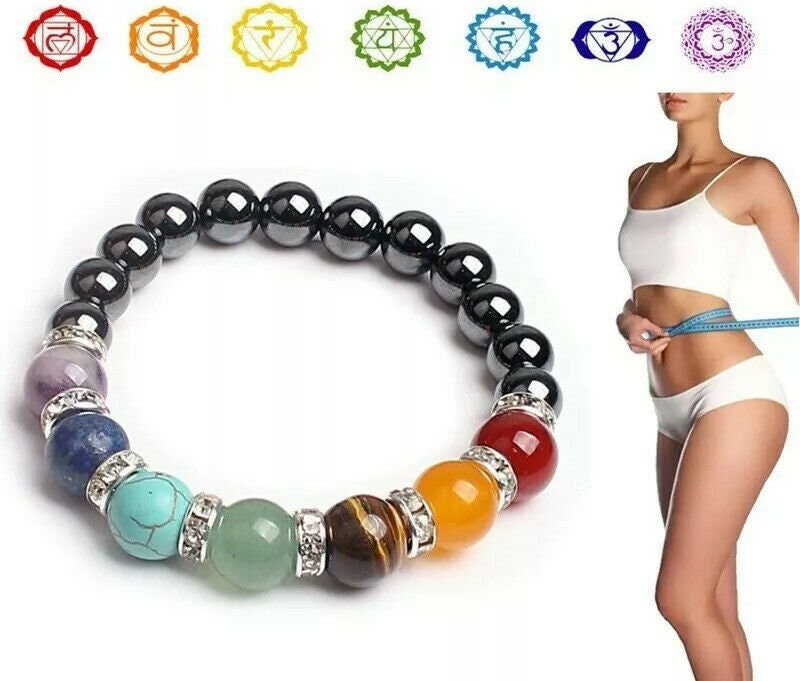 7 Chakra Yoga Bracelet Fashion Jewelry Magnet Beads Tiger Eye Amber Resin 8mm or 10mm beads