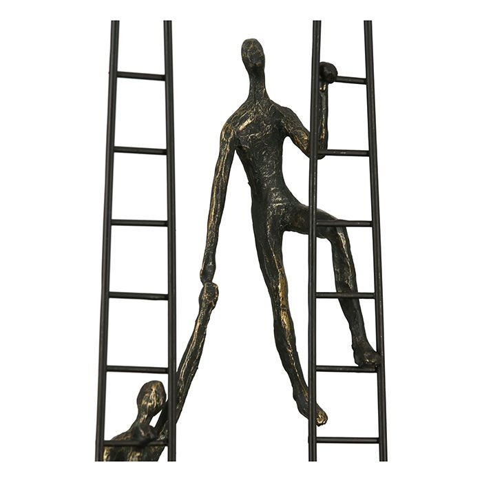 Sculpture 'Rise' - symbol of progress and success, bronze-colored figures on black metal ladder, 20.5x43 cm, including motivational saying pendant