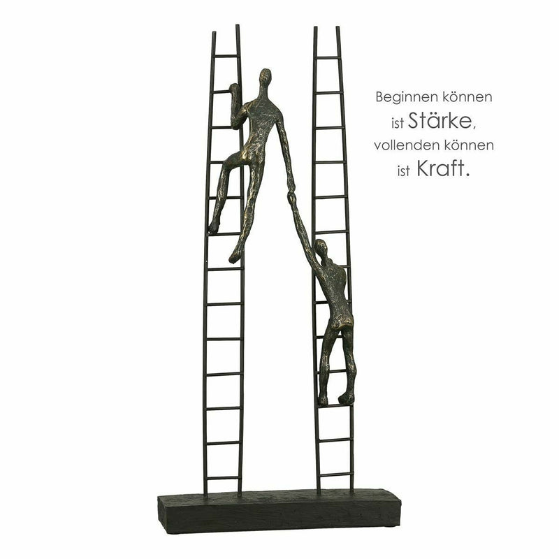 Sculpture 'Rise' - symbol of progress and success, bronze-colored figures on black metal ladder, 20.5x43 cm, including motivational saying pendant